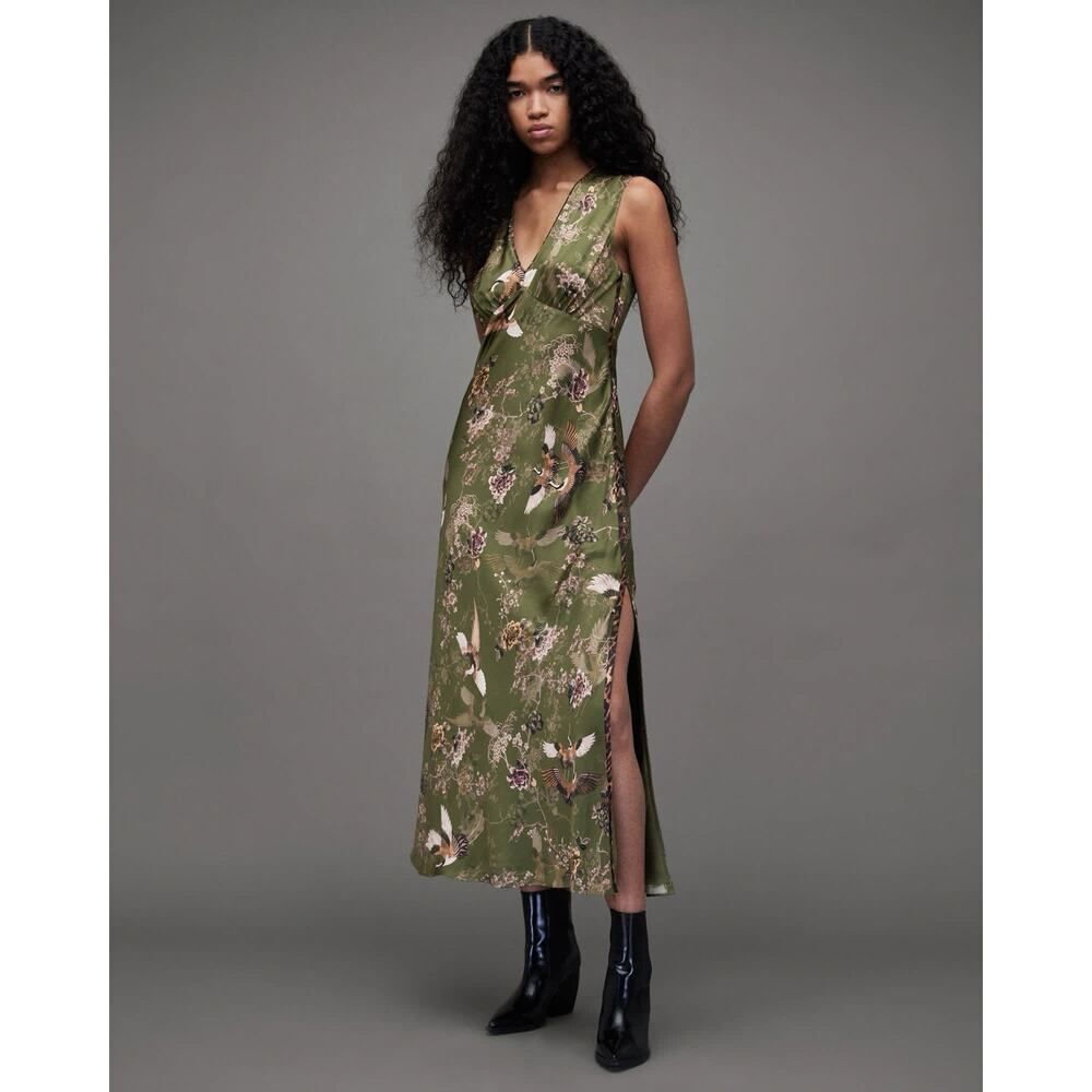 AllSaints Karla Peggy Floral Silk Blend Maxi Dress Green Bird Print US 8 Midi
